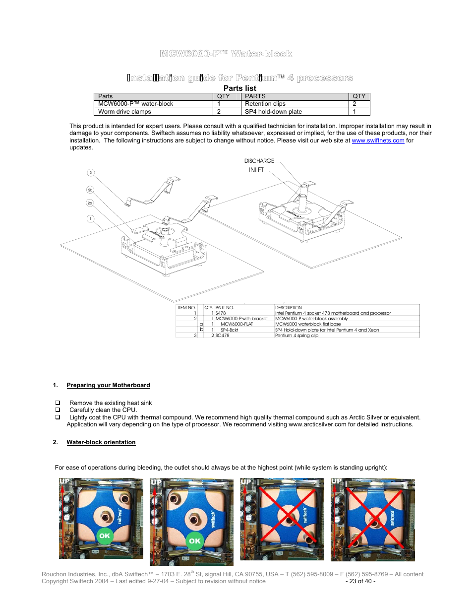 Parts list, Mcw6000-p™ w, Ater | Block, Reparing your, Otherboard, Block orientation, Installation guide for pentium 4 processors | Swiftech H20 120 R2 User Manual | Page 23 / 40