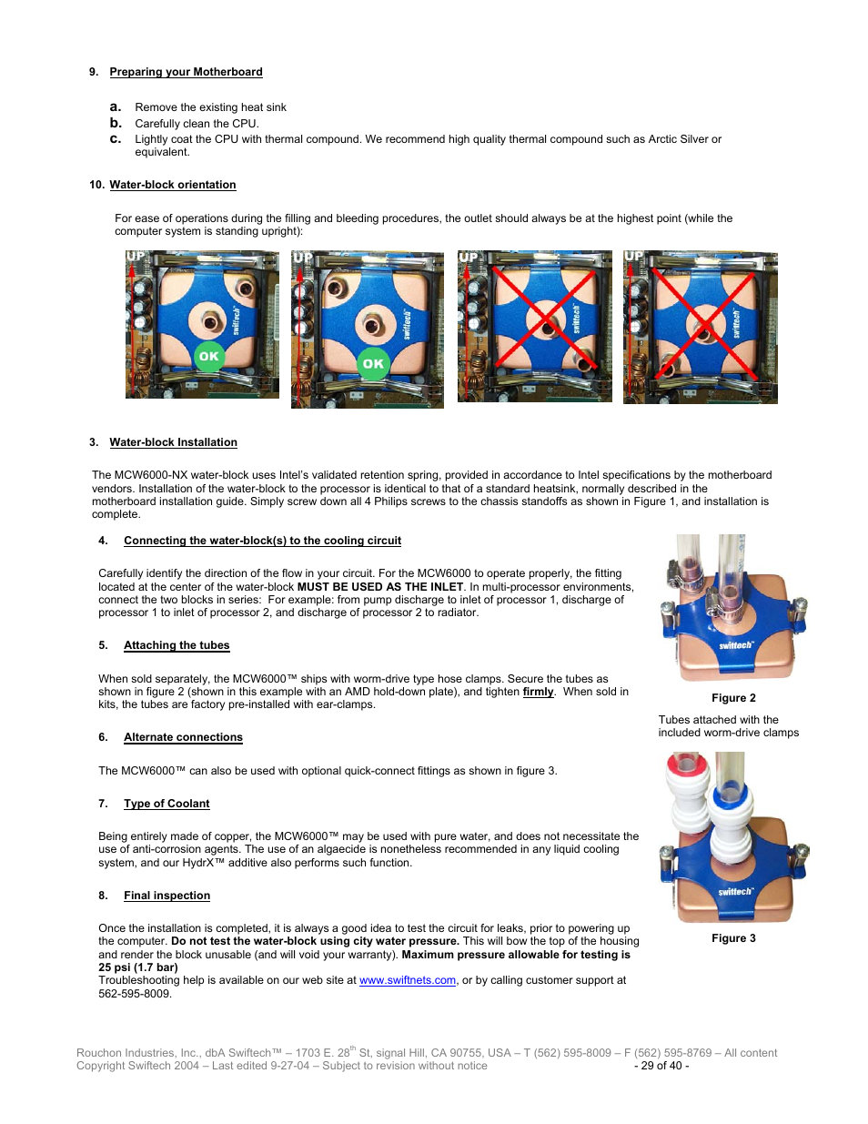 Reparing your, Otherboard, Ater | Block orientation, Block, Nstallation, Onnecting the water, To the cooling circuit, Ttaching the tubes, Lternate connections | Swiftech H20 120 R2 User Manual | Page 29 / 40
