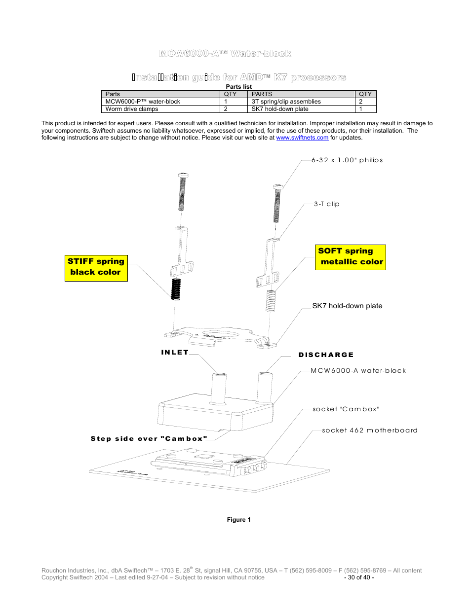 Parts list, Mcw6000-a™ w, Ater | Block, Installation guide for amd k7 processors | Swiftech H20 120 R2 User Manual | Page 30 / 40
