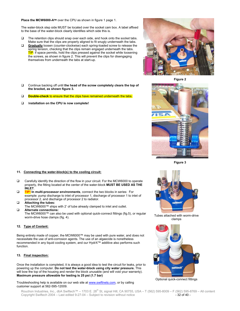Onnecting the water, Block, To the cooling circuit | Ype of, Oolant, Inal inspection | Swiftech H20 120 R2 User Manual | Page 32 / 40