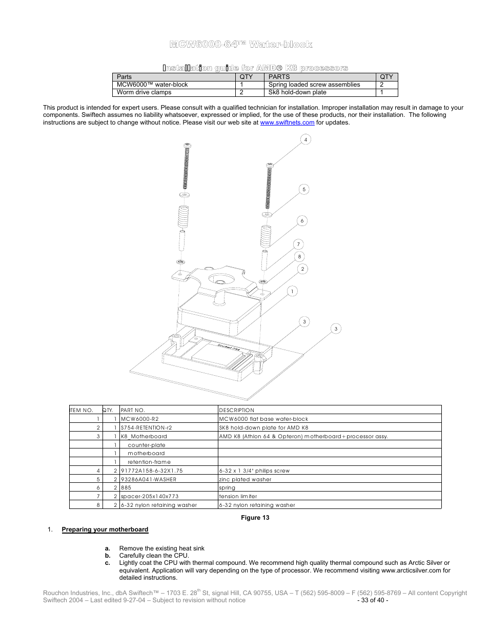 Mcw6000-64™ w, Ater, Block | Reparing your motherboard, Installation guide for amd k8 processors | Swiftech H20 120 R2 User Manual | Page 33 / 40