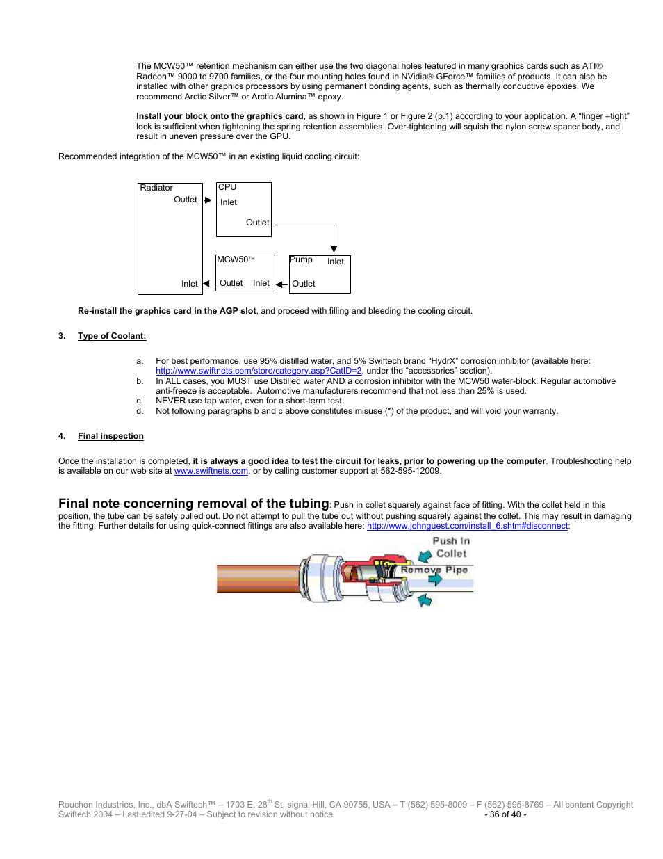 Ype of, Oolant, Inal inspection | Swiftech H20 120 R2 User Manual | Page 36 / 40