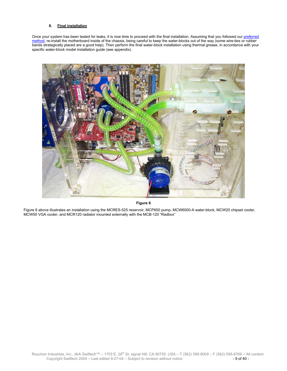 Inal installation | Swiftech H20 120 R2 User Manual | Page 9 / 40