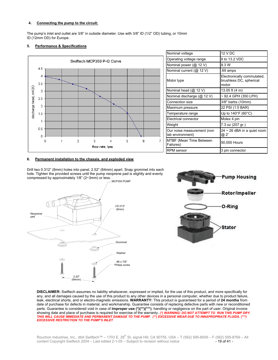 Onnecting the pump to the circuit, Erformance, Pecifications | Ermanent installation to the chassis, And exploded view | Swiftech H20 120 R3 User Manual | Page 19 / 41