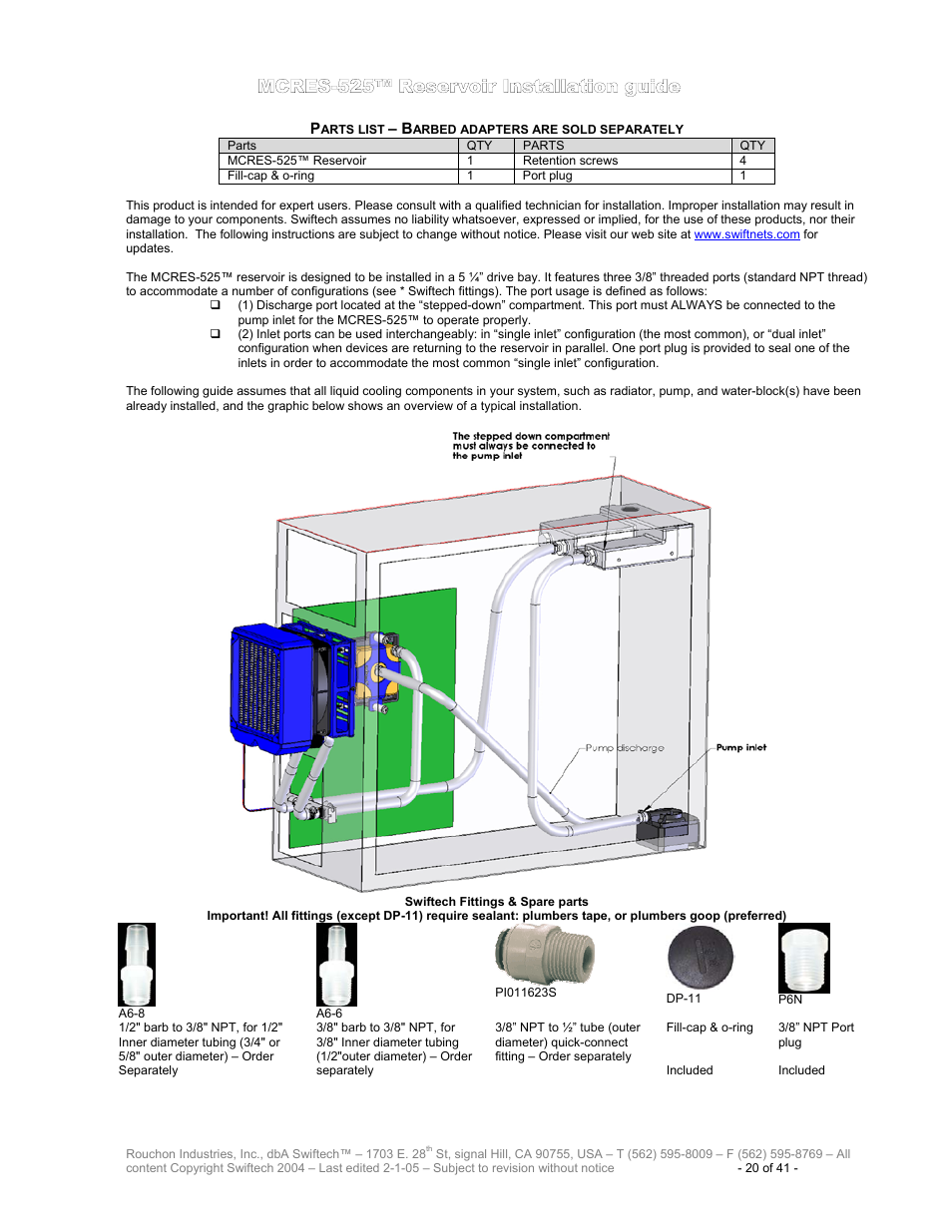 Parts list – barbed adapters are sold separately, Mcres-525™ r, Eservoir | Nstallation guide | Swiftech H20 120 R3 User Manual | Page 20 / 41