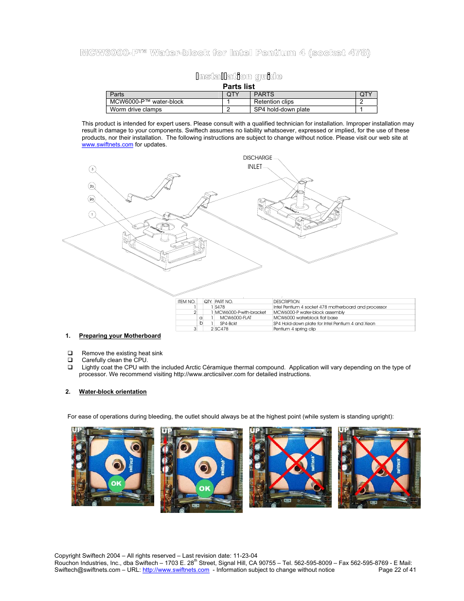 Parts list, Mcw6000-p™ w, Ater | Block for, Ntel, Entium, Socket, Reparing your, Otherboard, Block orientation | Swiftech H20 120 R3 User Manual | Page 22 / 41
