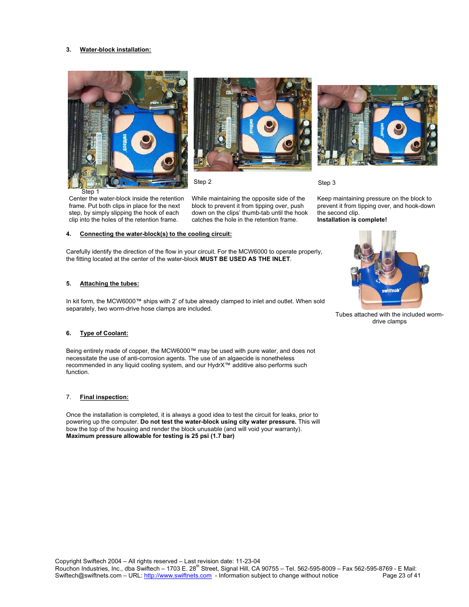 Ater, Block installation, Onnecting the water | Block, To the cooling circuit, Ttaching the tubes, Ype of, Oolant, Inal inspection | Swiftech H20 120 R3 User Manual | Page 23 / 41