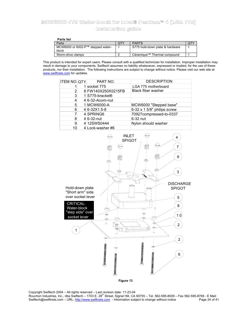 Parts list, Mcw6000-775 w, Ater | Block for, Ntel, Entium, 4 (lga 775) i, Nstallation guide | Swiftech H20 120 R3 User Manual | Page 24 / 41