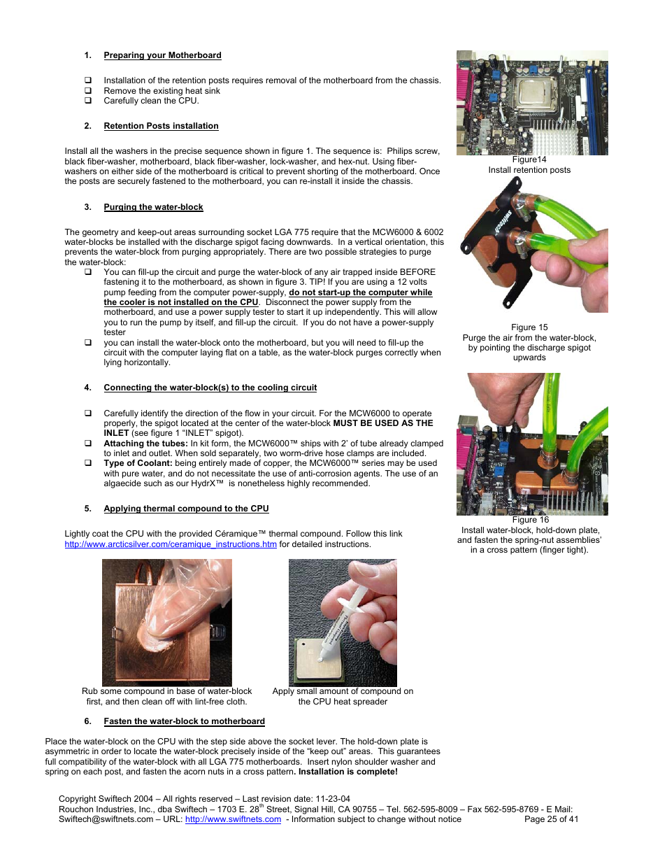Reparing your, Otherboard, Etention | Osts installation, Urging the water, Block, Onnecting the water, To the cooling circuit, Pplying thermal compound to the | Swiftech H20 120 R3 User Manual | Page 25 / 41