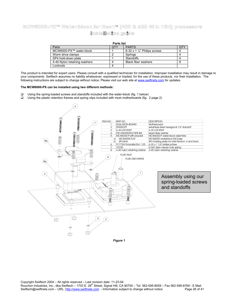 Parts list, Mcw6000-px™ w, Ater | Block for, 400 & 533 mh, Fsb), Processors, Nstallation guide, Installation guide | Swiftech H20 120 R3 User Manual | Page 26 / 41