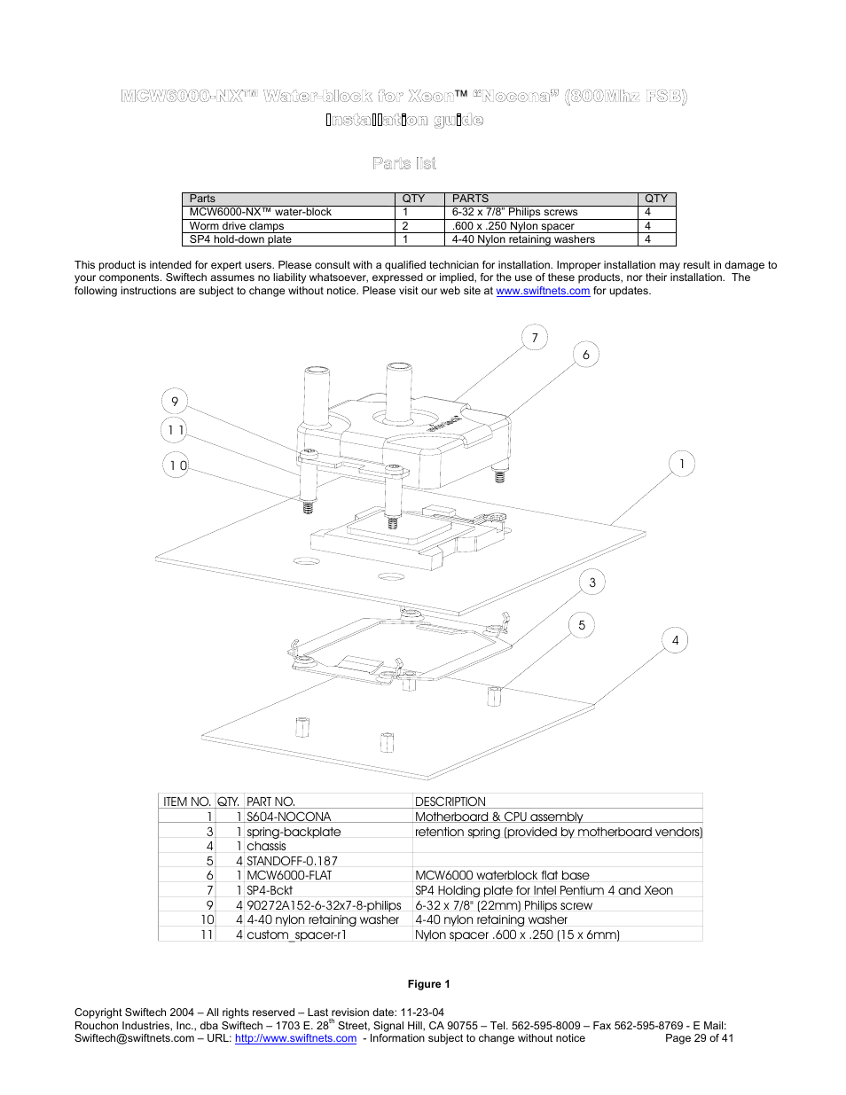 Mcw6000-nx™ w, Ater, Block for | Ocona, 800m, Fsb), Nstallation guide, Arts list, Nstallation guid, Installation guide | Swiftech H20 120 R3 User Manual | Page 29 / 41