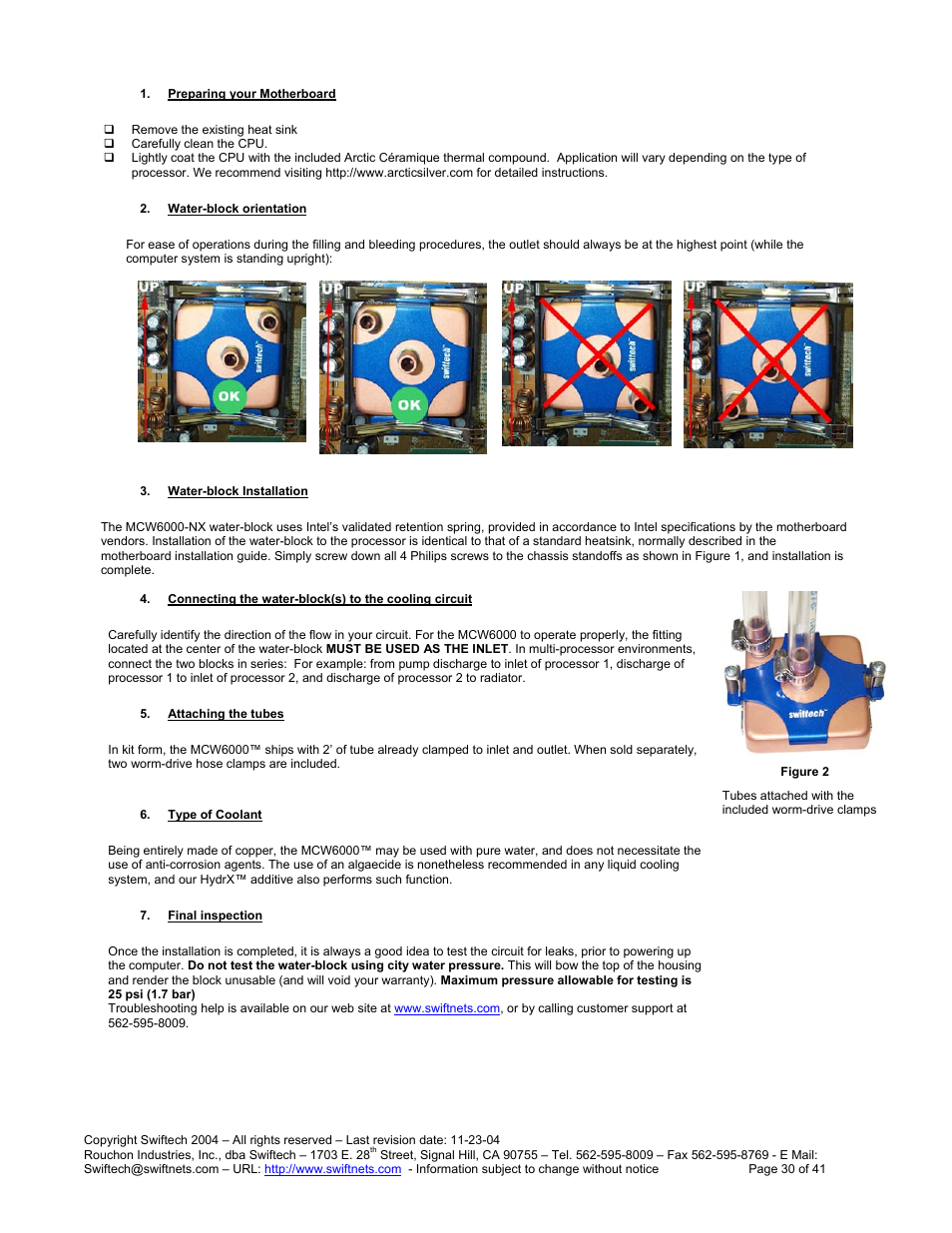 Reparing your, Otherboard, Ater | Block orientation, Block, Nstallation, Onnecting the water, To the cooling circuit, Ttaching the tubes, Ype of | Swiftech H20 120 R3 User Manual | Page 30 / 41