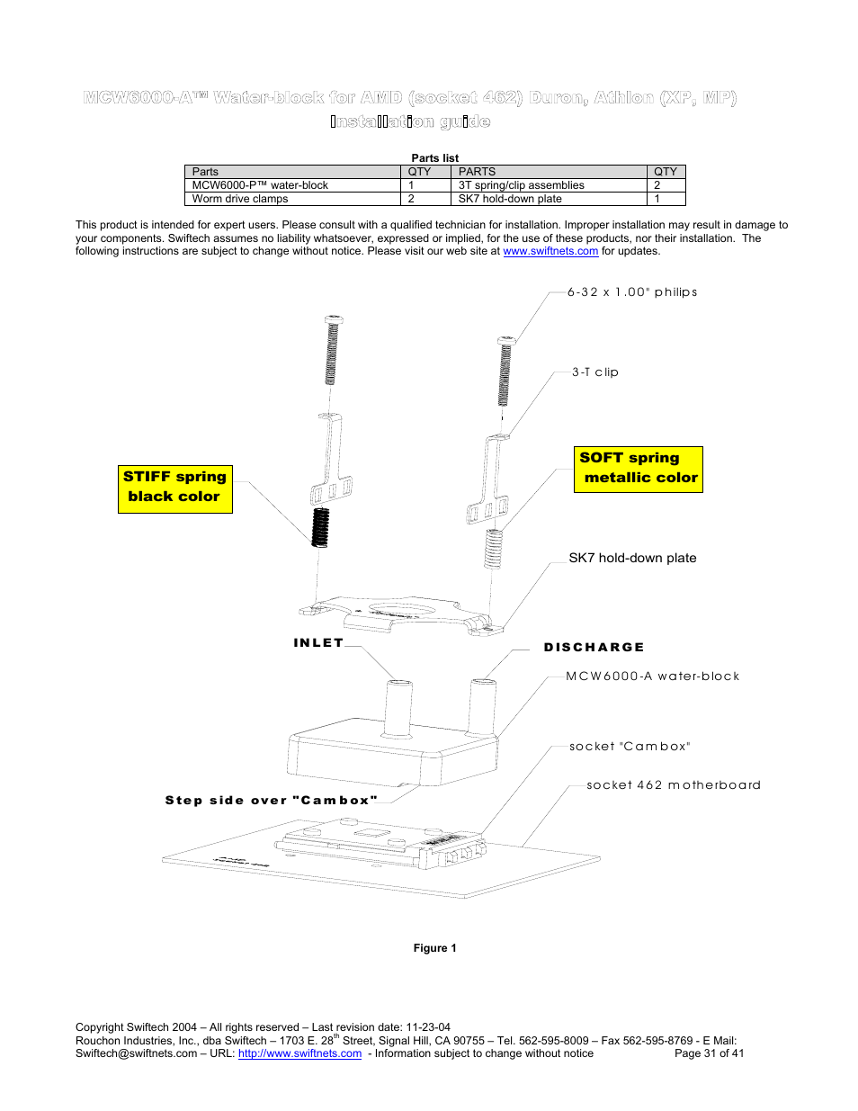Parts list, Mcw6000-a™ w, Ater | Block for, Socket, 462) d, Uron, Thlon, Xp, mp), Nstallation guide | Swiftech H20 120 R3 User Manual | Page 31 / 41