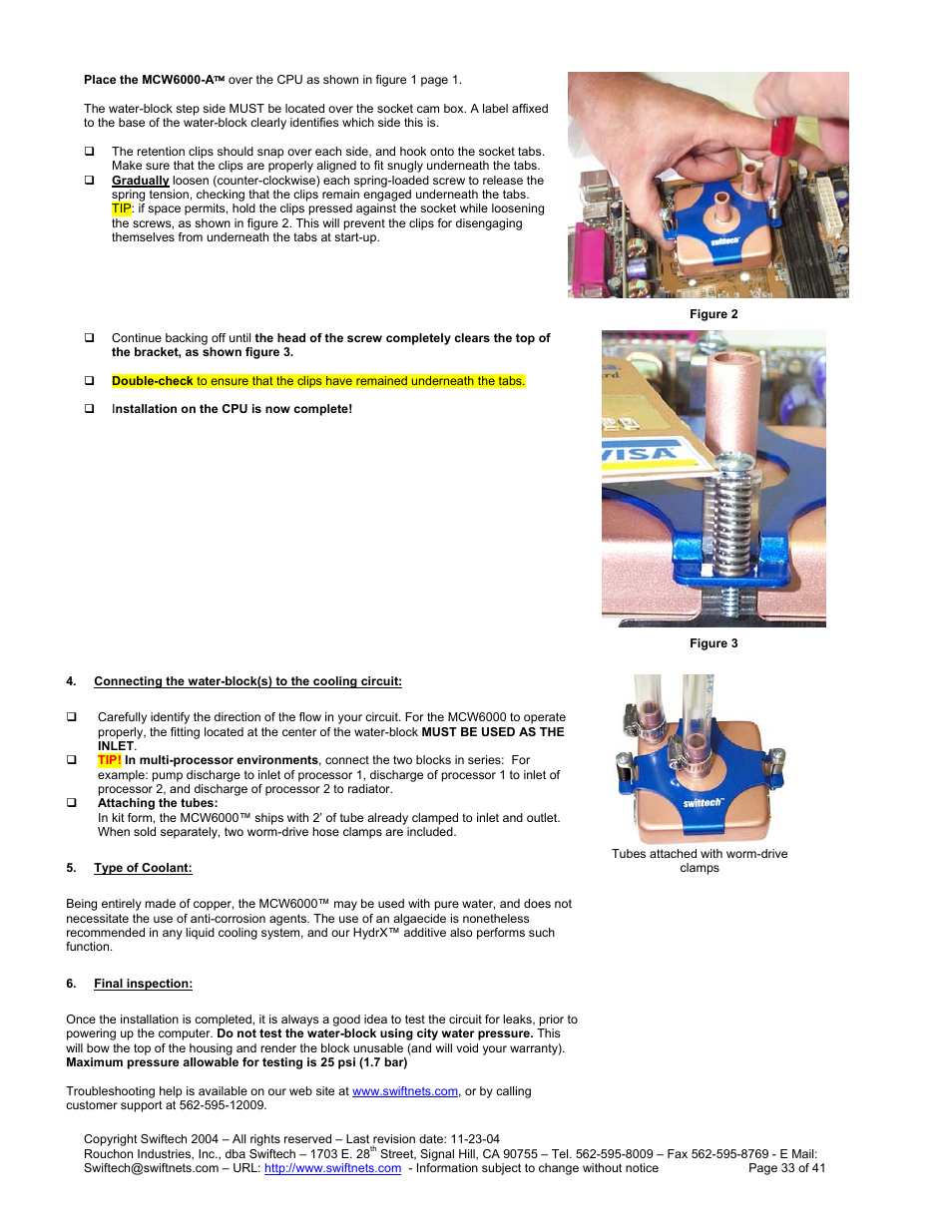 Onnecting the water, Block, To the cooling circuit | Ype of, Oolant, Inal inspection | Swiftech H20 120 R3 User Manual | Page 33 / 41