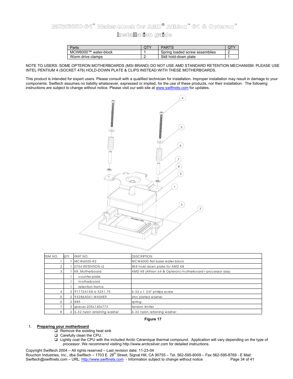 Mcw6000-64, Ater, Block for | Thlon, 64 & o, Pteron, Nstallation guide, Reparing your motherboard, Installation guide | Swiftech H20 120 R3 User Manual | Page 34 / 41