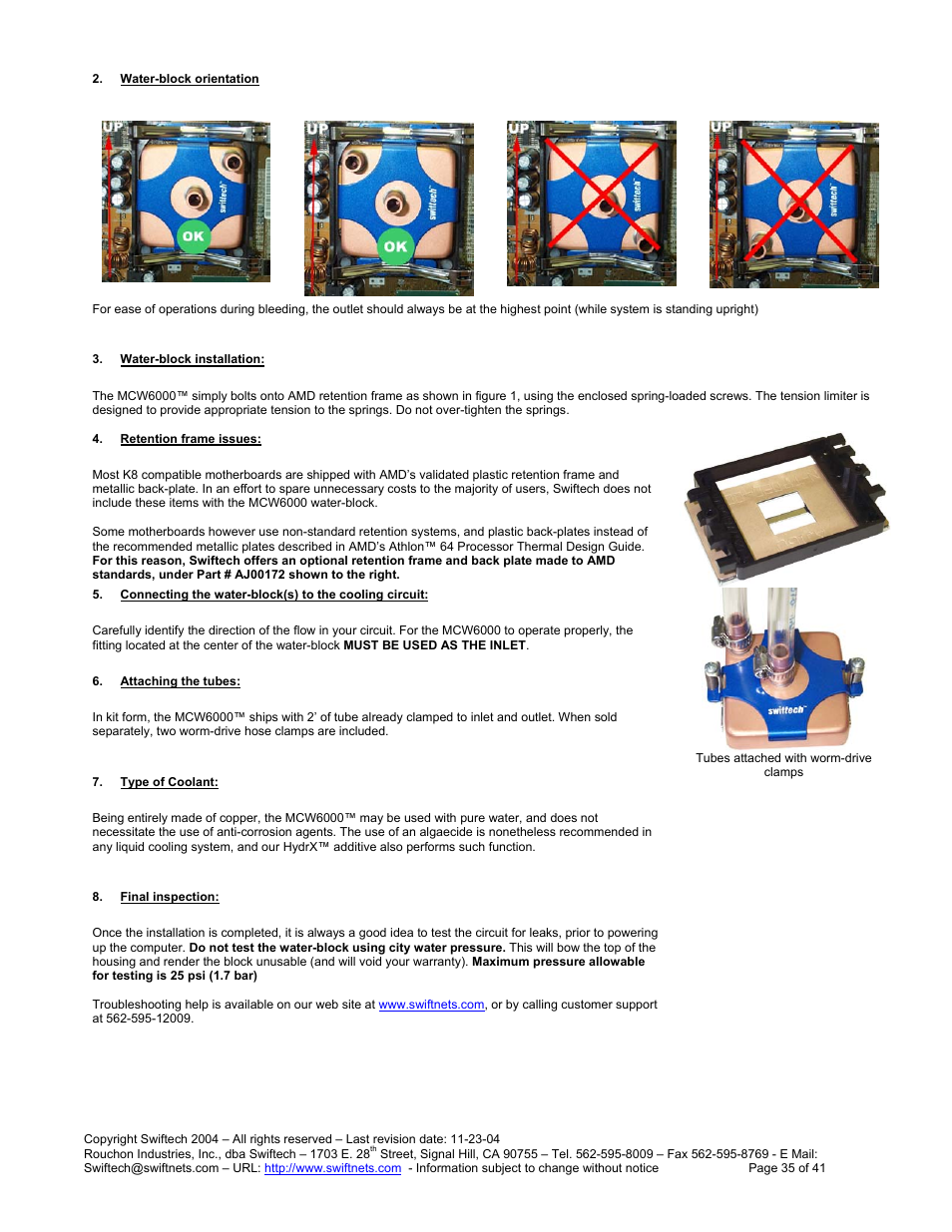Ater, Block orientation, Block installation | Etention frame issues, Onnecting the water, Block, To the cooling circuit, Ttaching the tubes, Ype of, Oolant | Swiftech H20 120 R3 User Manual | Page 35 / 41