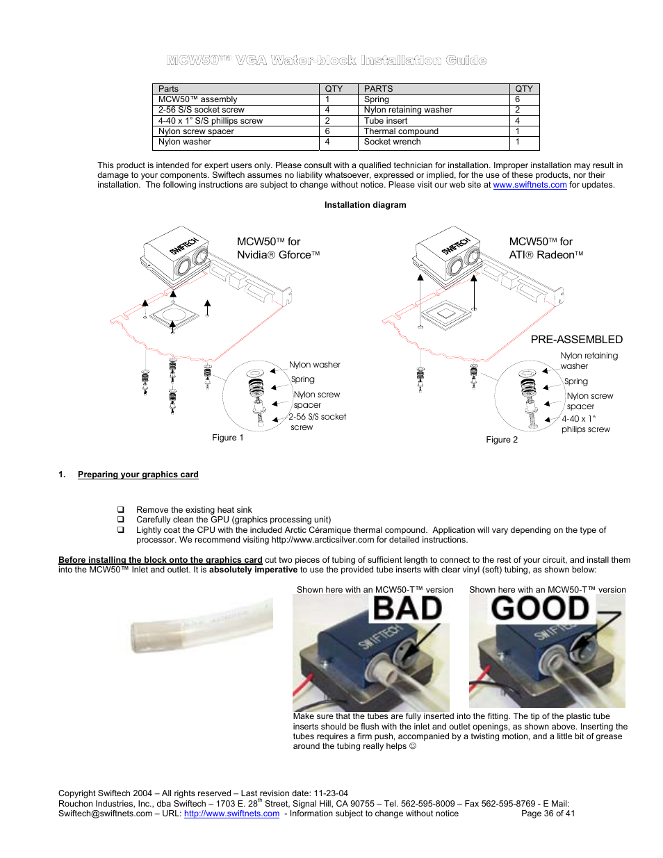 Mcw50™ vga w, Ater, Block | Nstallation, Uide, Reparing your graphics card | Swiftech H20 120 R3 User Manual | Page 36 / 41