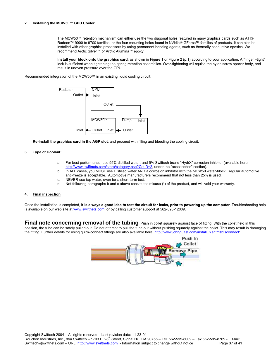 Nstalling the, Mcw50™ gpu c, Ooler | Ype of, Oolant, Inal inspection | Swiftech H20 120 R3 User Manual | Page 37 / 41
