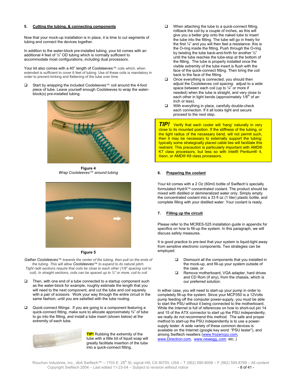 Utting the tubing, Connecting components, Reparing the coolant | Illing up the circuit | Swiftech H20 120 R3 User Manual | Page 8 / 41