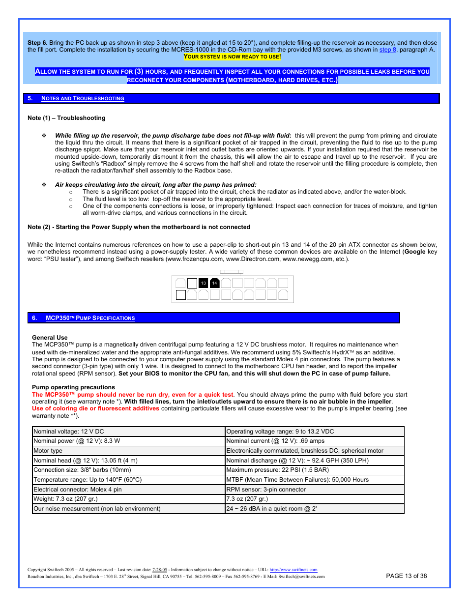 Note \(1\) – troubleshooting, Notes and troubleshooting, Mcp350 | Pump specifications, Note (1), Note 2, See note 2 | Swiftech H20 120 R3A User Manual | Page 13 / 38