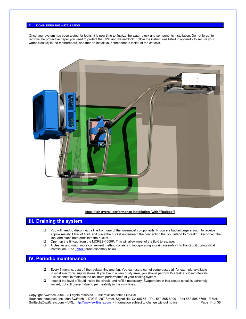 Completing the installation, Draining the system, Periodic maintenance | Iii. draining the system, Iv. periodic maintenance | Swiftech H20 120 R3A User Manual | Page 14 / 38