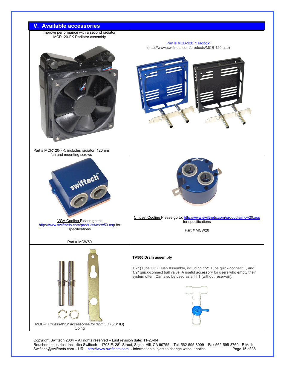 Available accessories, V. available accessories | Swiftech H20 120 R3A User Manual | Page 15 / 38