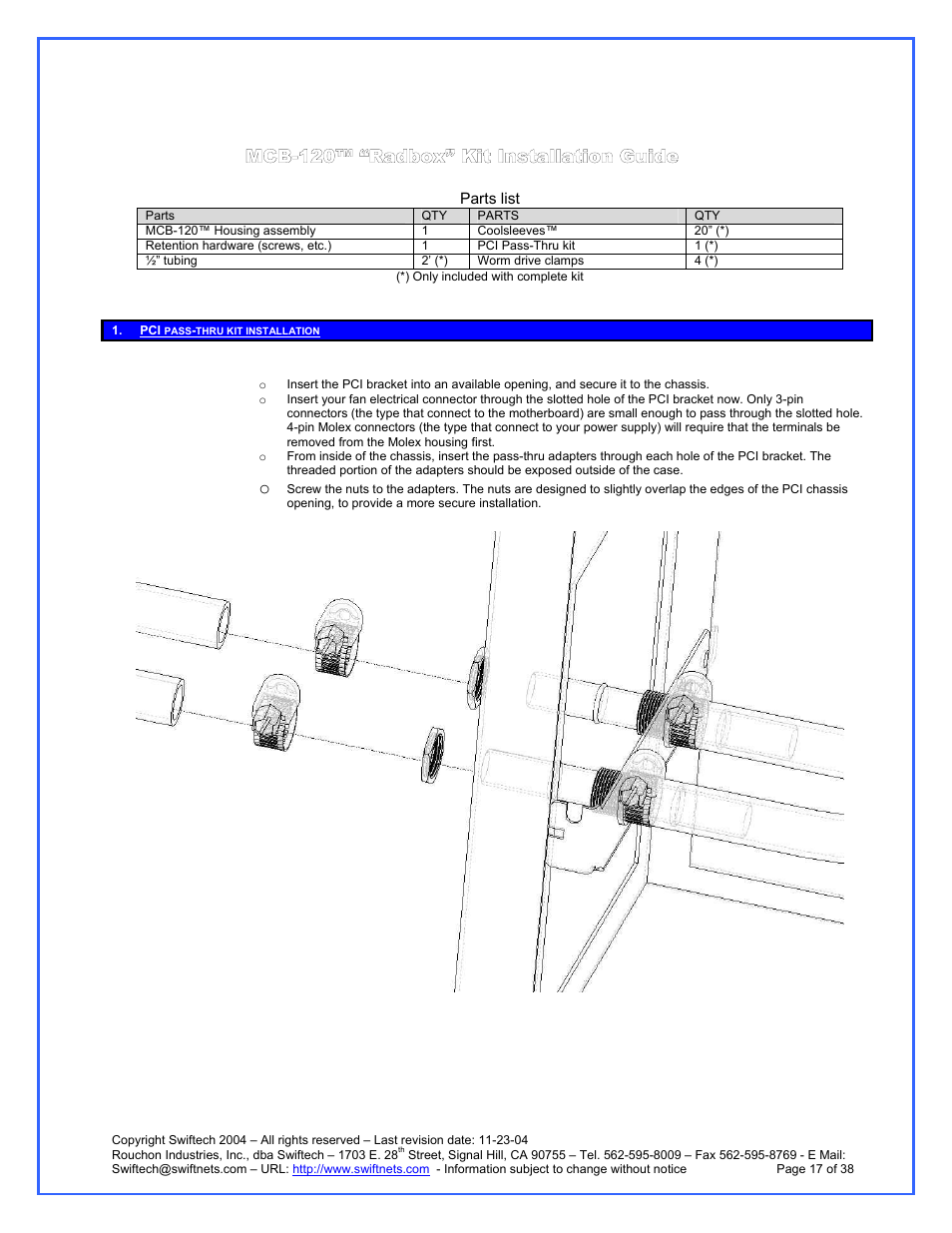 Parts list, Mcb-120™ “radbox” kit installation guide, Pci pass-thru kit installation | Swiftech H20 120 R3A User Manual | Page 17 / 38