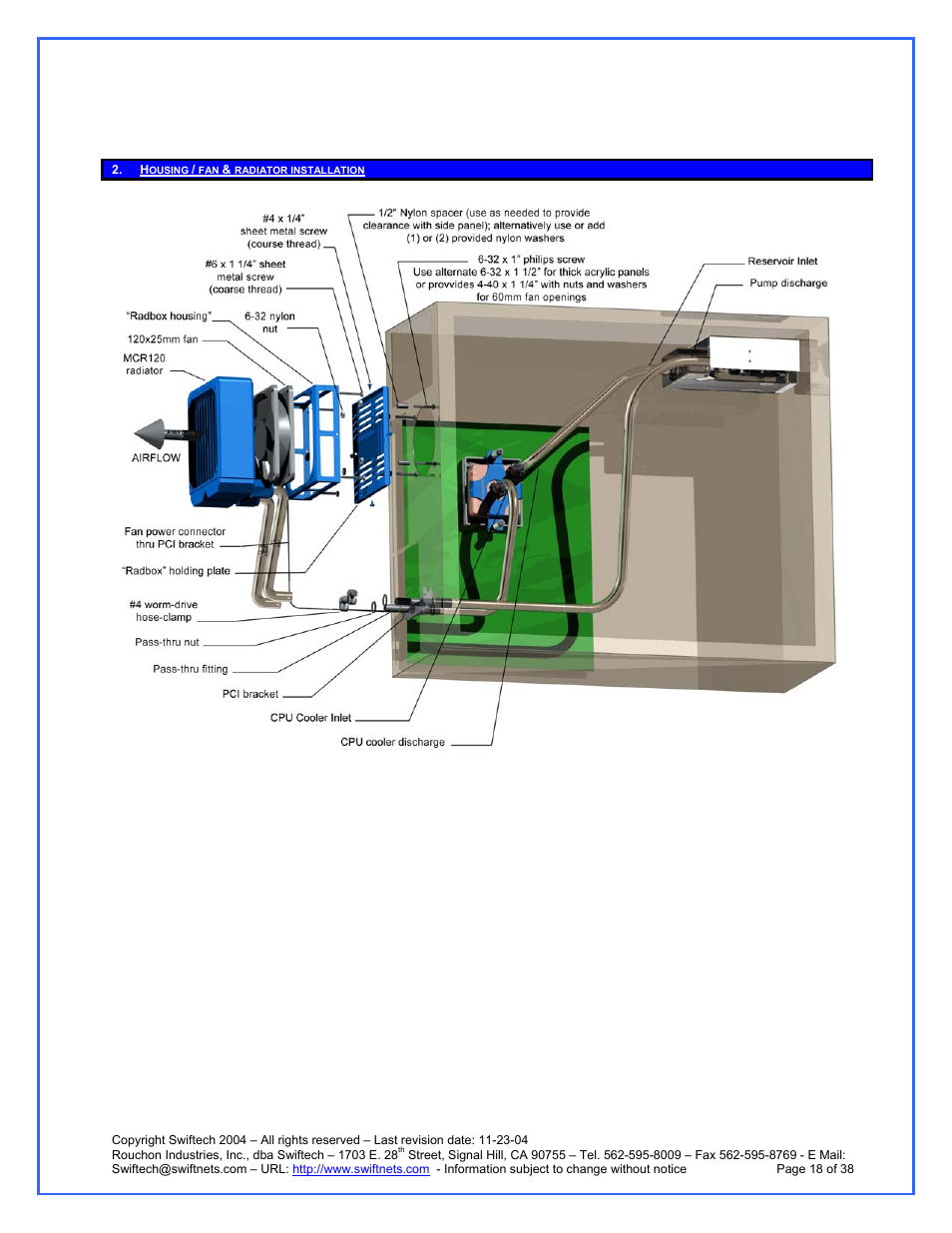 Housing / fan & radiator installation | Swiftech H20 120 R3A User Manual | Page 18 / 38