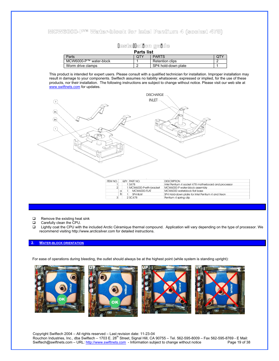 Parts list, Preparing your motherboard, Water-block orientation | Installation guide | Swiftech H20 120 R3A User Manual | Page 19 / 38