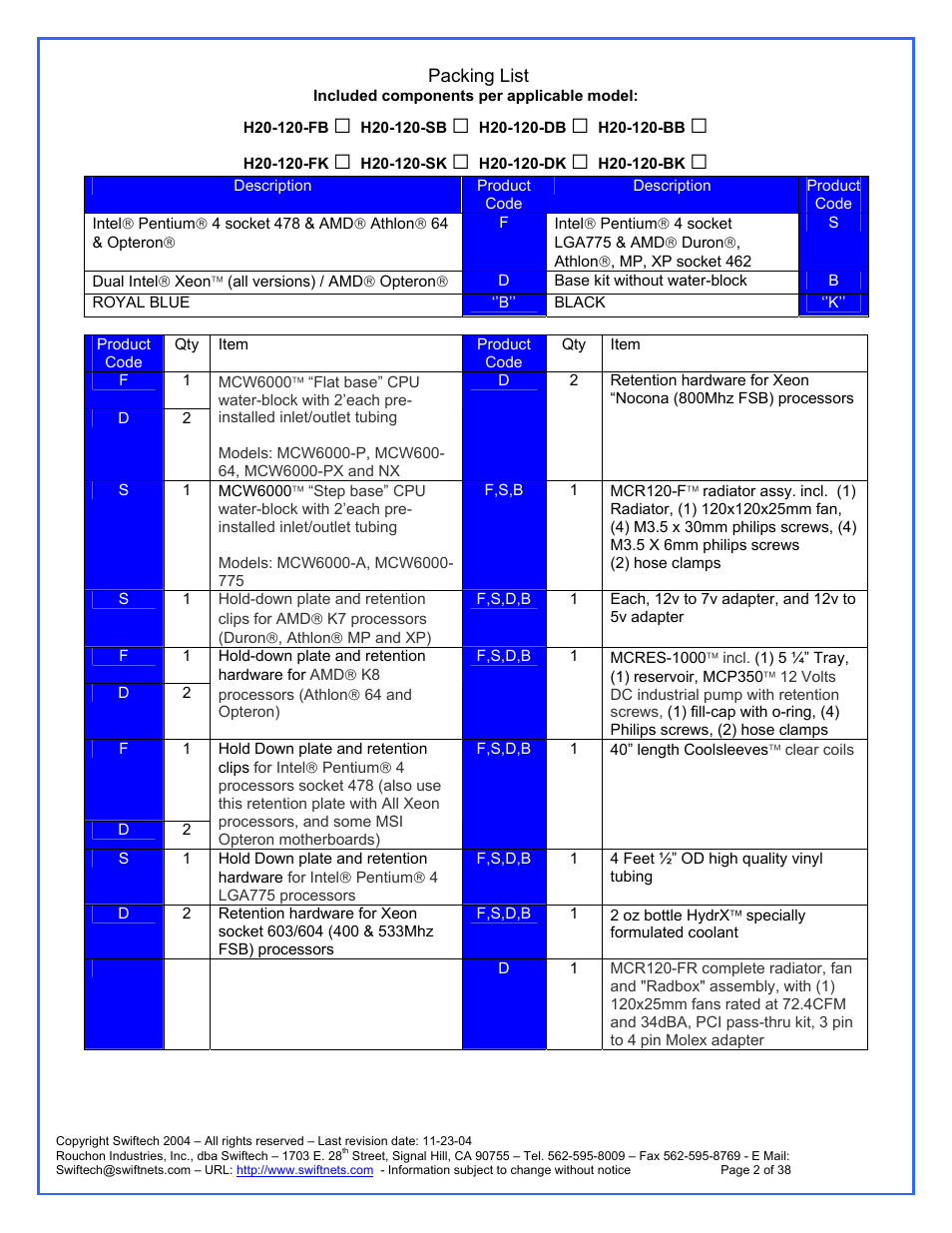 Swiftech H20 120 R3A User Manual | Page 2 / 38