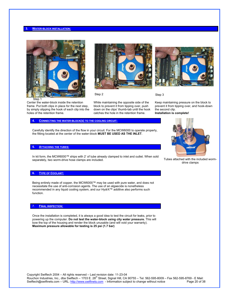 Water-block installation, Attaching the tubes, Type of coolant | Final inspection | Swiftech H20 120 R3A User Manual | Page 20 / 38