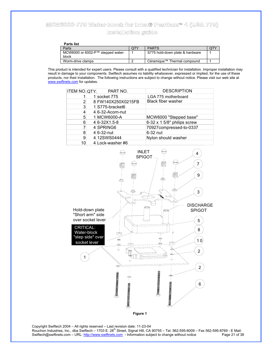 Parts list, Mcw6000-775 water-block for intel, Pentium  4 (lga 775) installation guide | Swiftech H20 120 R3A User Manual | Page 21 / 38