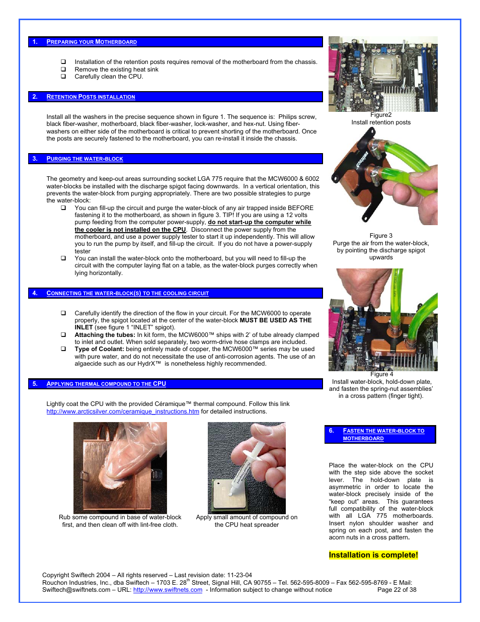 Preparing your motherboard, Retention posts installation, Purging the water-block | Applying thermal compound to the cpu, Fasten the water-block to motherboard | Swiftech H20 120 R3A User Manual | Page 22 / 38