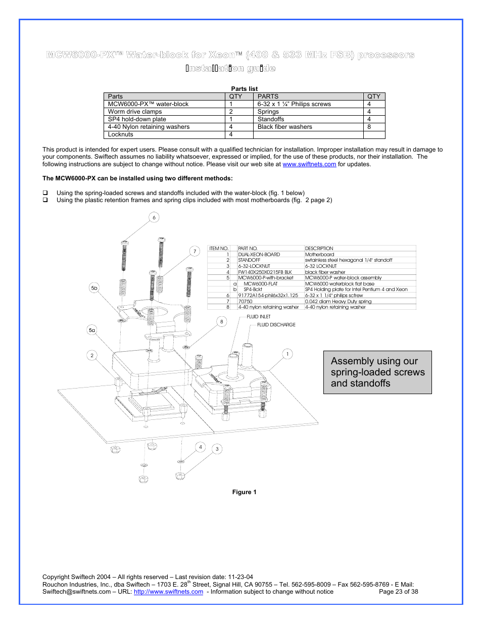 Parts list, Mcw6000-px™ water-block for xeon, 400 & 533 mhz fsb) processors | Installation guide | Swiftech H20 120 R3A User Manual | Page 23 / 38