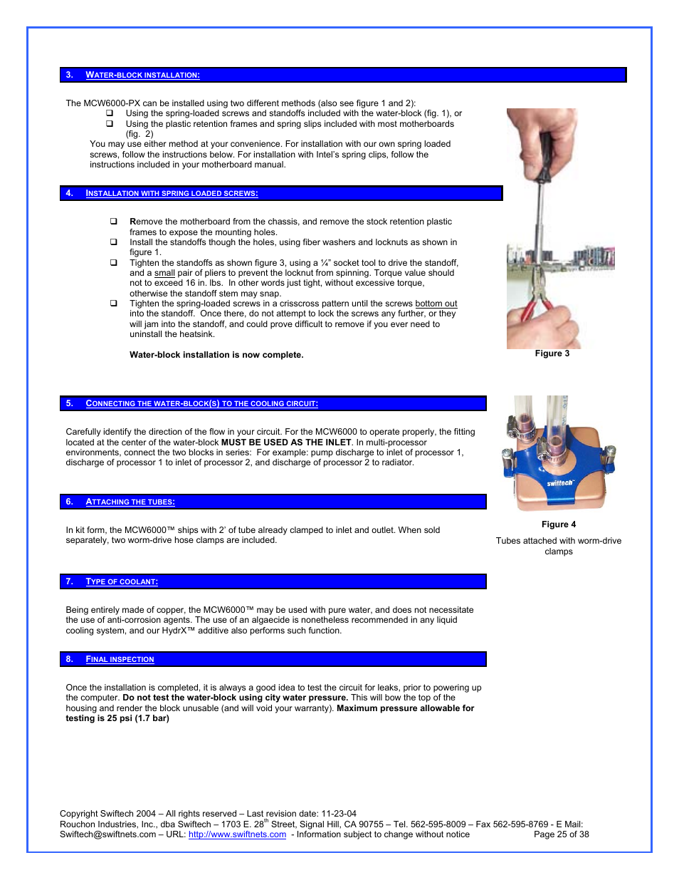 Water-block installation, Installation with spring loaded screws, Attaching the tubes | Type of coolant, Final inspection | Swiftech H20 120 R3A User Manual | Page 25 / 38