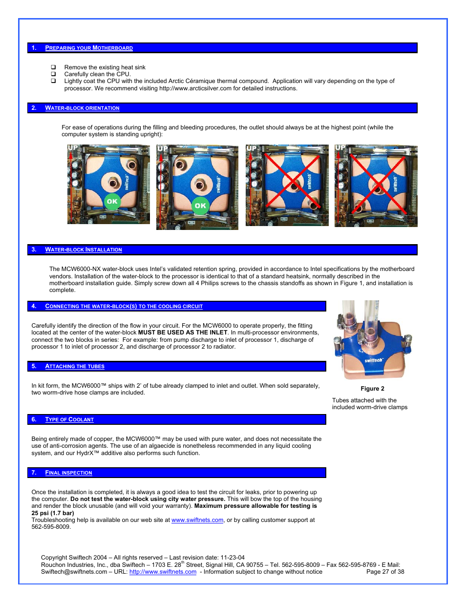 Preparing your motherboard, Water-block orientation, Water-block installation | Attaching the tubes, Type of coolant, Final inspection | Swiftech H20 120 R3A User Manual | Page 27 / 38