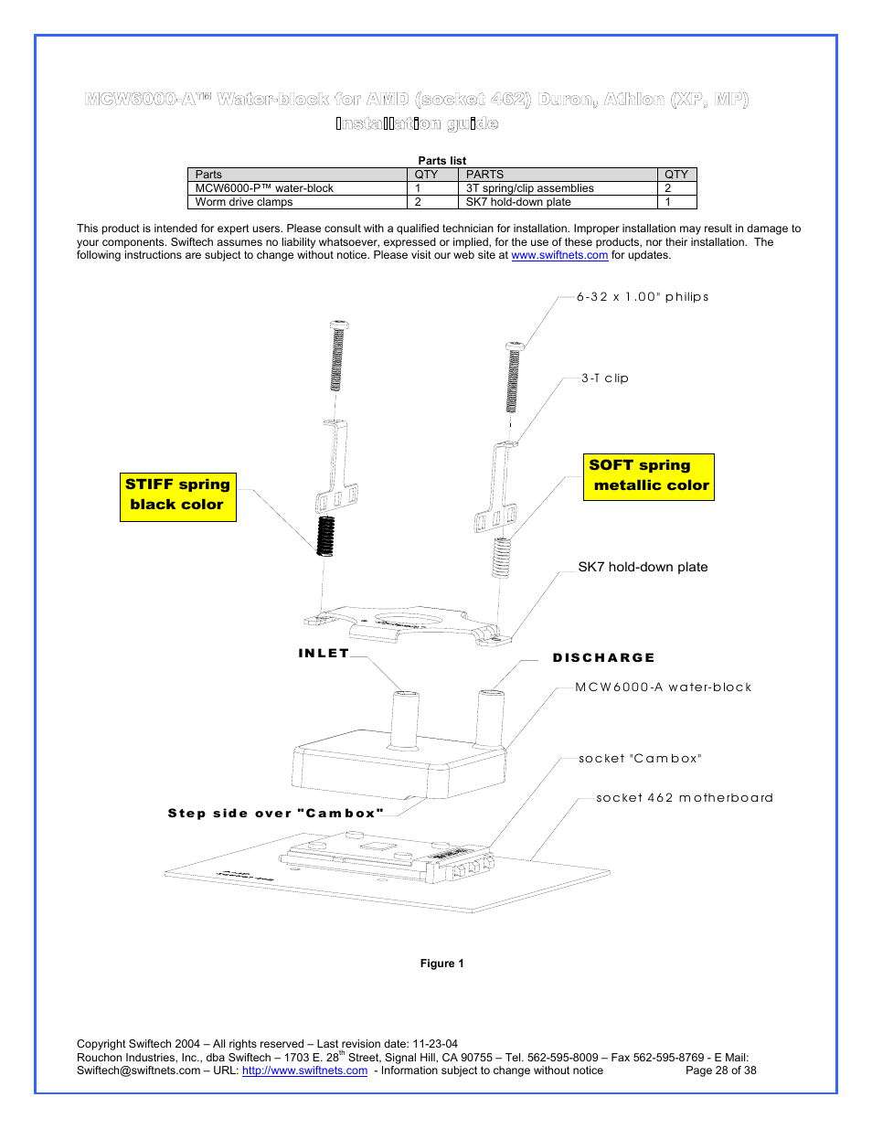 Parts list, Installation guide | Swiftech H20 120 R3A User Manual | Page 28 / 38