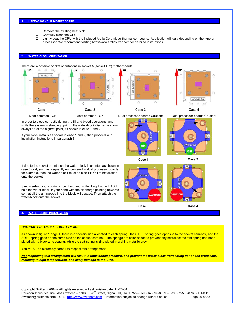 Preparing your motherboard, Water-block orientation, Water-block installation | Swiftech H20 120 R3A User Manual | Page 29 / 38