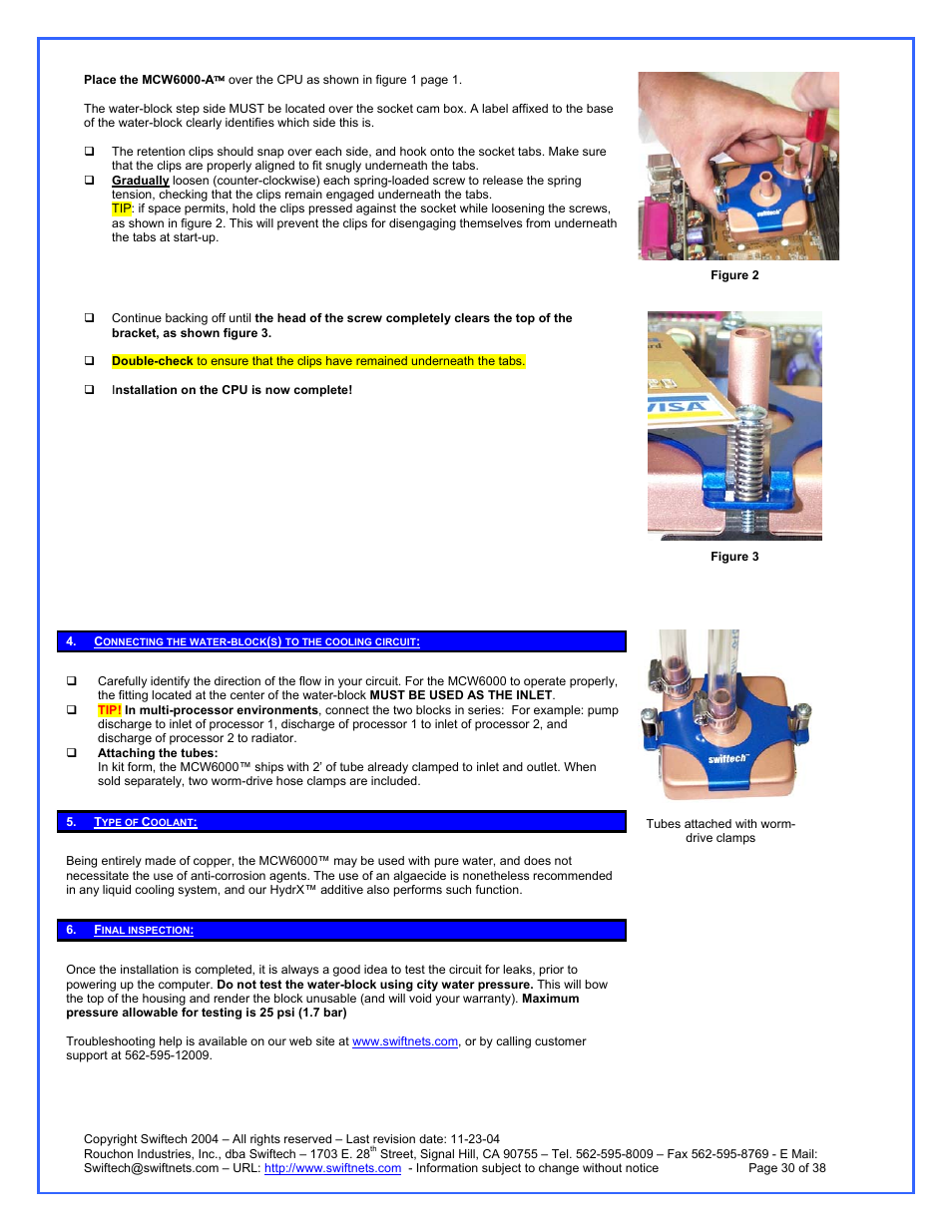 Type of coolant, Final inspection | Swiftech H20 120 R3A User Manual | Page 30 / 38