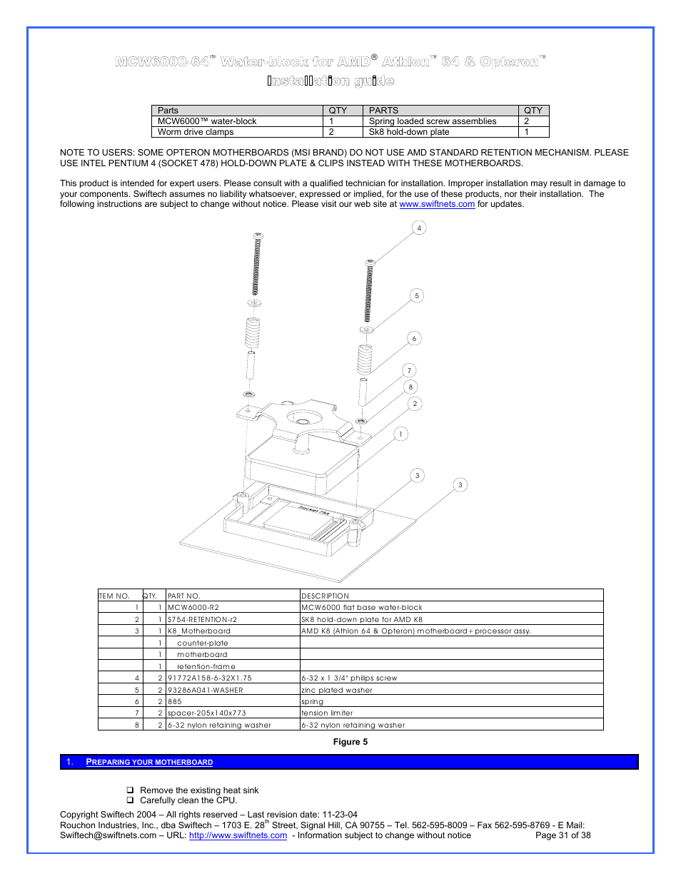Mcw6000-64, Water-block for amd athlon, 64 & opteron | Installation guide, Preparing your motherboard | Swiftech H20 120 R3A User Manual | Page 31 / 38