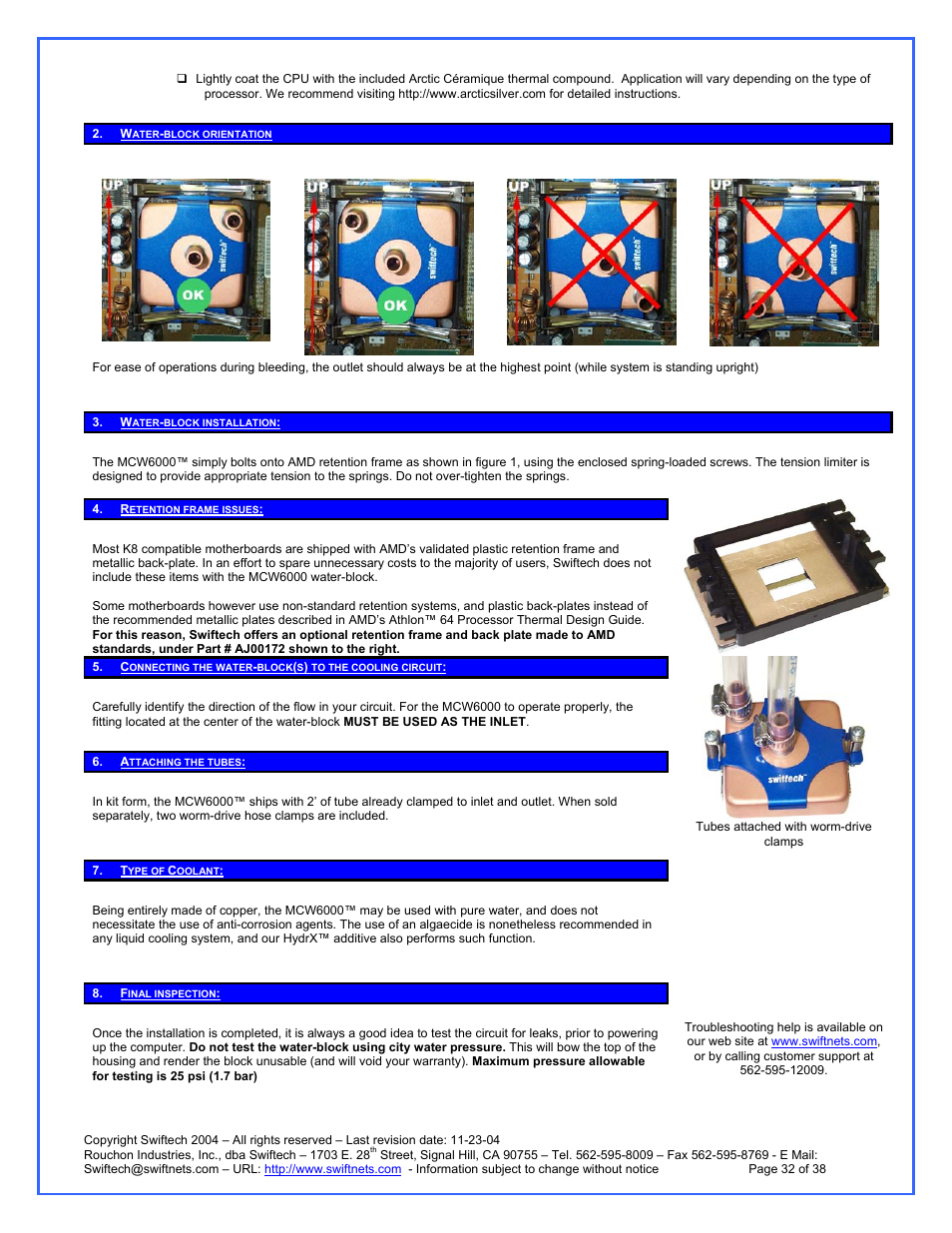 Water-block orientation, Water-block installation, Retention frame issues | Attaching the tubes, Type of coolant, Final inspection | Swiftech H20 120 R3A User Manual | Page 32 / 38