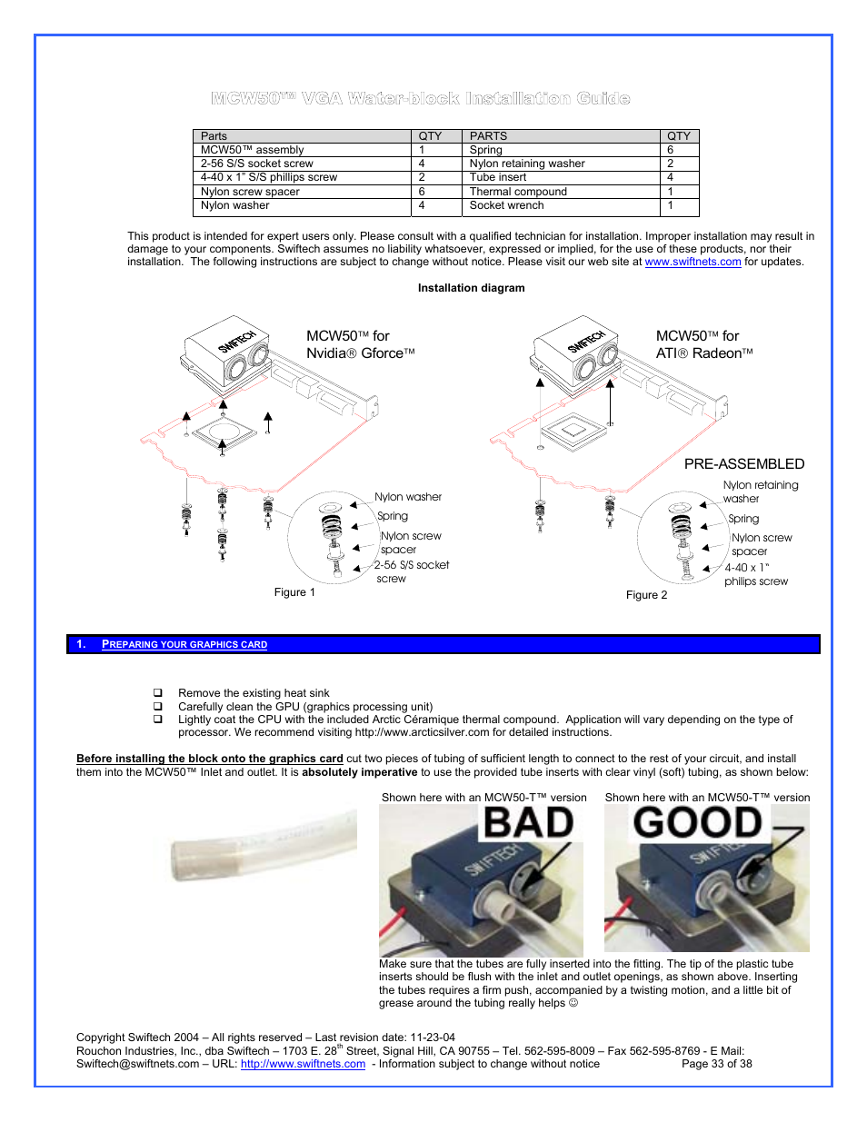 Mcw50™ vga water-block installation guide, Preparing your graphics card | Swiftech H20 120 R3A User Manual | Page 33 / 38