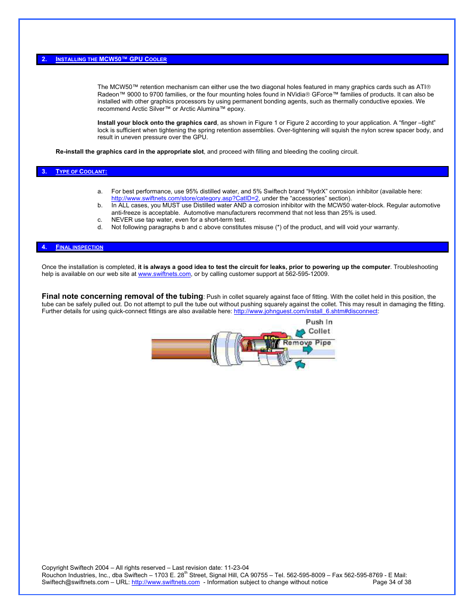 Installing the mcw50™ gpu cooler, Type of coolant, Final inspection | Swiftech H20 120 R3A User Manual | Page 34 / 38
