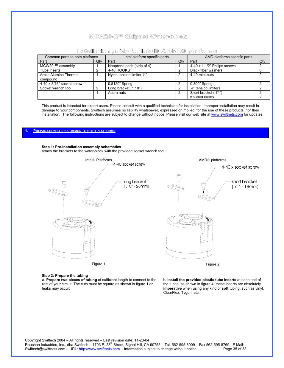 Mcw20-r™ chipset water-block, Preparation steps common to both platforms, Installation guide for intel & amd platforms | Swiftech H20 120 R3A User Manual | Page 35 / 38