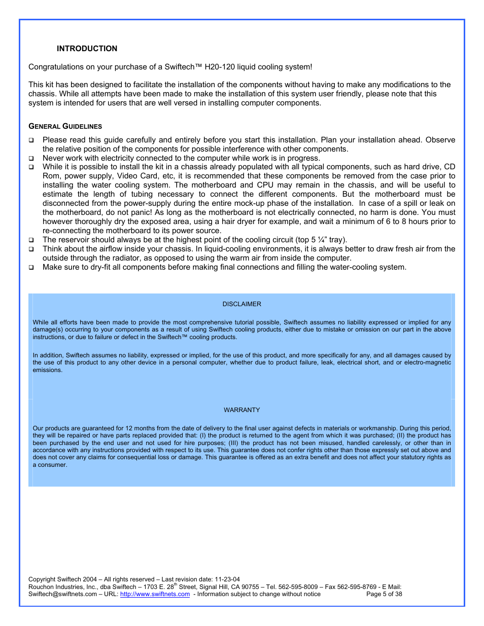 Swiftech H20 120 R3A User Manual | Page 5 / 38