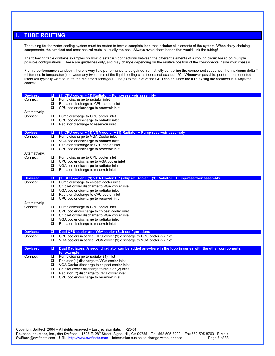 Tube routing, I. tube routing | Swiftech H20 120 R3A User Manual | Page 6 / 38