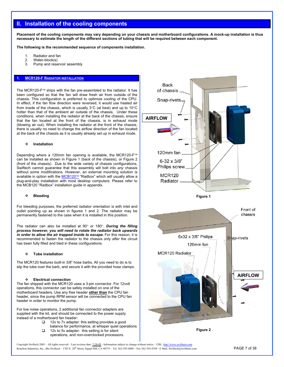 Installation of the cooling components, Mcr120-f radiator installation, Ii. installation of the cooling components | Swiftech H20 120 R3A User Manual | Page 7 / 38