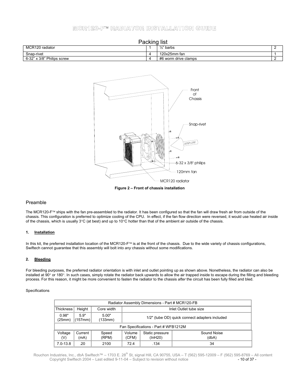 Mcr120-f, Radiator installation guide, Nstallation | Leeding, Packing list | Swiftech H20 120 T User Manual | Page 10 / 37