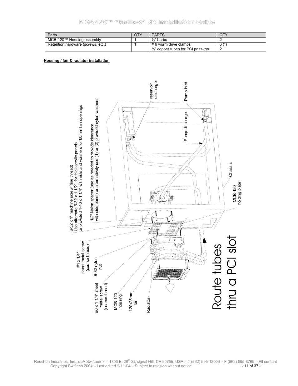 Mcb-120™ “r, Adbox, Nstallation | Uide, Ousing, Radiator installation | Swiftech H20 120 T User Manual | Page 11 / 37