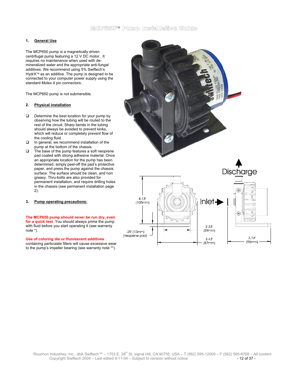 Mcp650, Nstallation, Uide | Eneral, Hysical installation, Ump operating precautions | Swiftech H20 120 T User Manual | Page 12 / 37